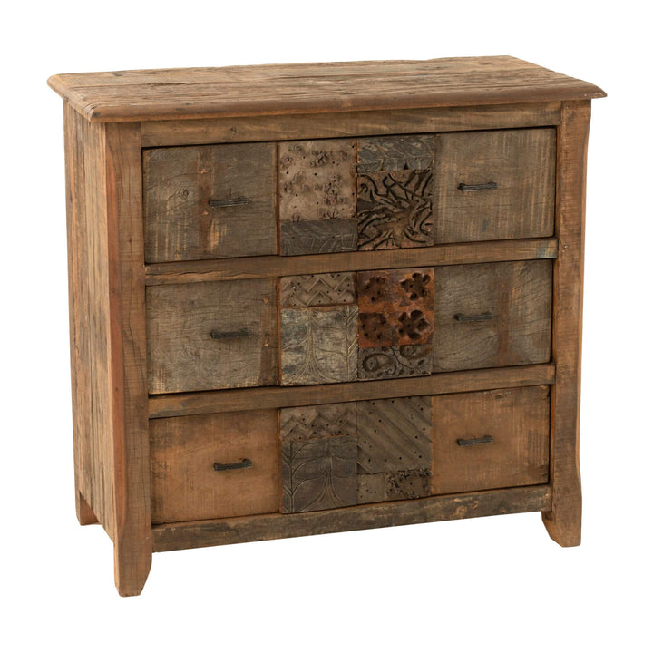 Angled view of Sheesham wood chest with patchwork drawer design