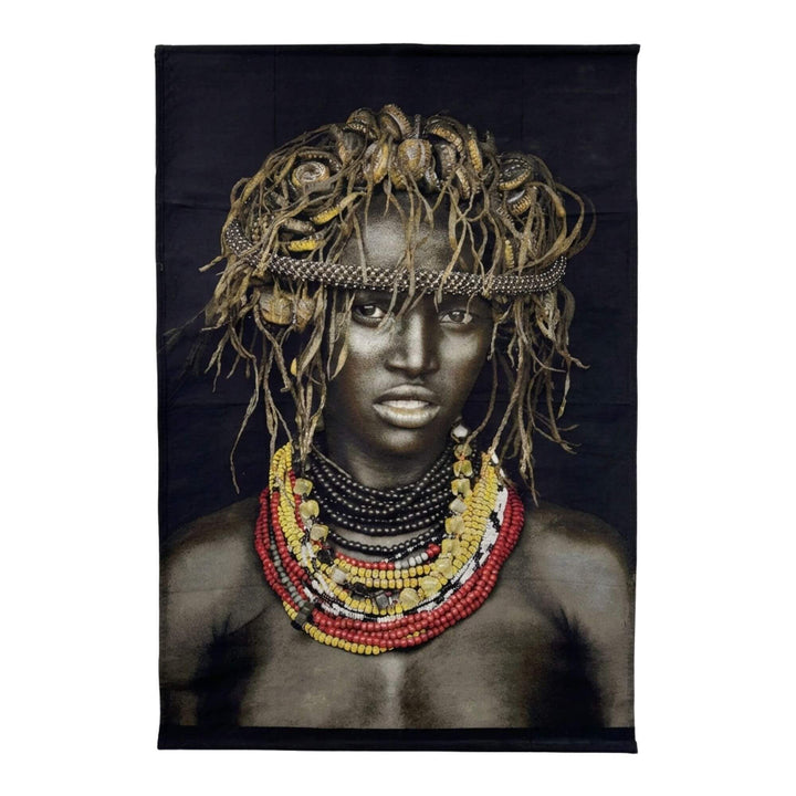 Front view of the Dassanech Girl tapestry featuring a tribal portrait with layered colorful bead necklaces.