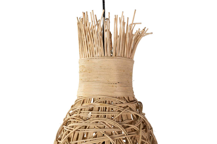 Upper section of the Dawisu Rattan Lamp showing woven detailing and fixture connection.