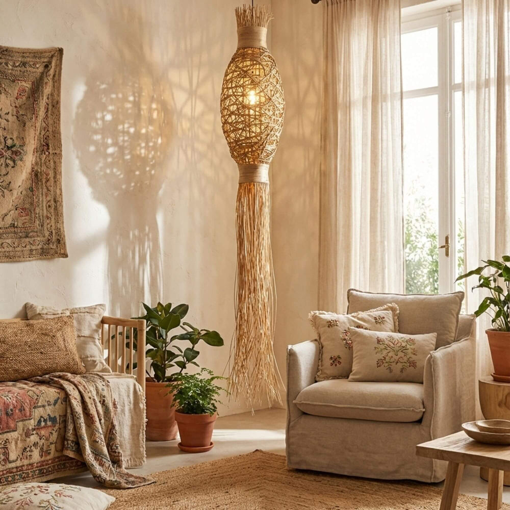 Cozy living room with a tall Dawisu rattan ceiling lamp, beige armchair, and decorative pillows.
