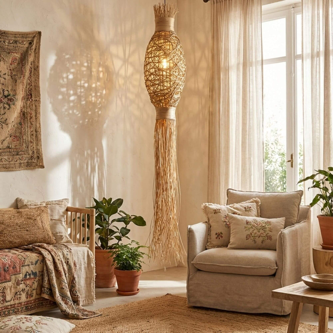 Cozy living room with a tall Dawisu rattan ceiling lamp, beige armchair, and decorative pillows.