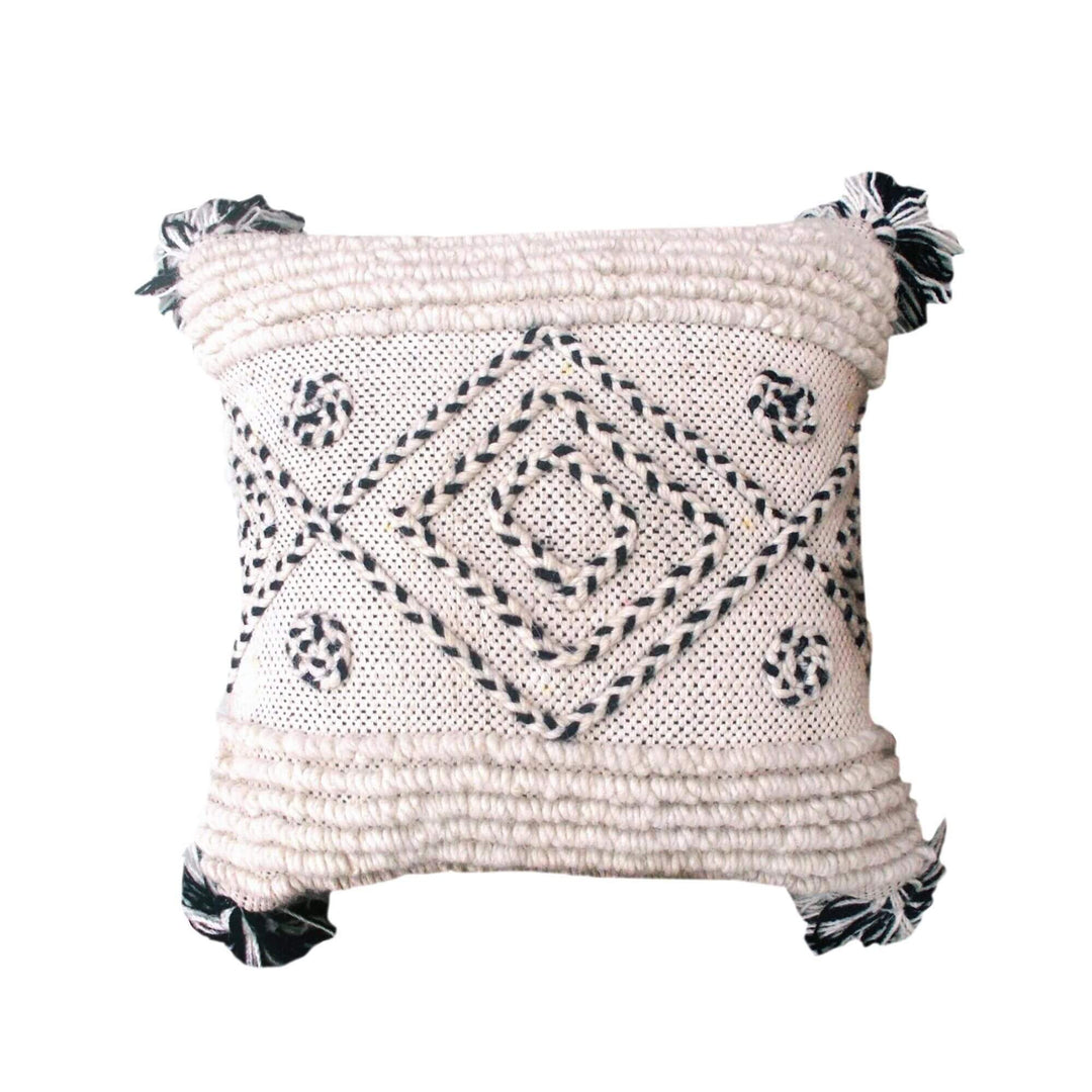 Front view of Deccan cushion with geometric wool pattern in ivory and black