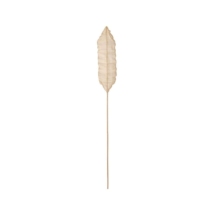 Front view of natural woven decorative leaf with elongated silhouette