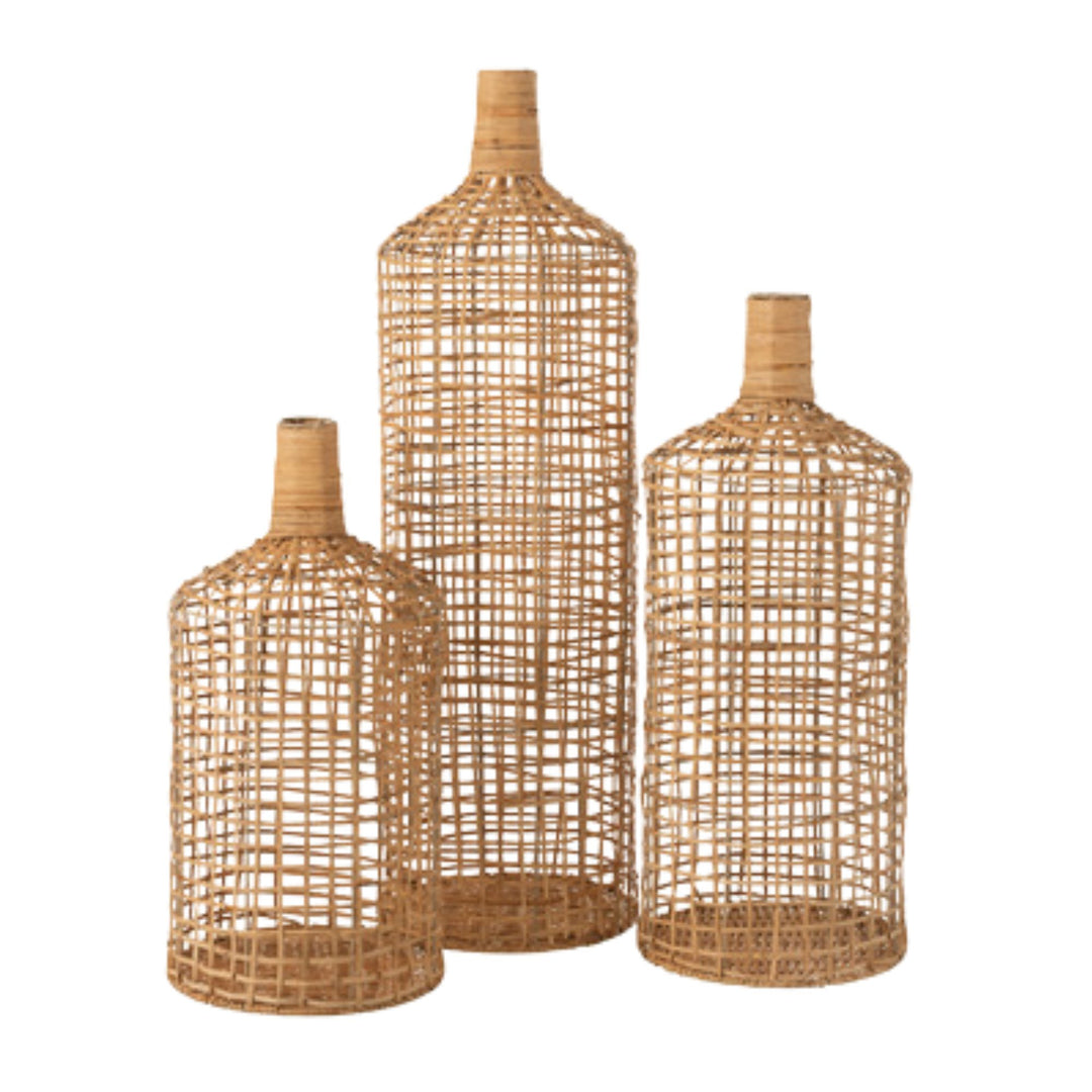Set of three Deco rattan bottles in small, medium, and large sizes