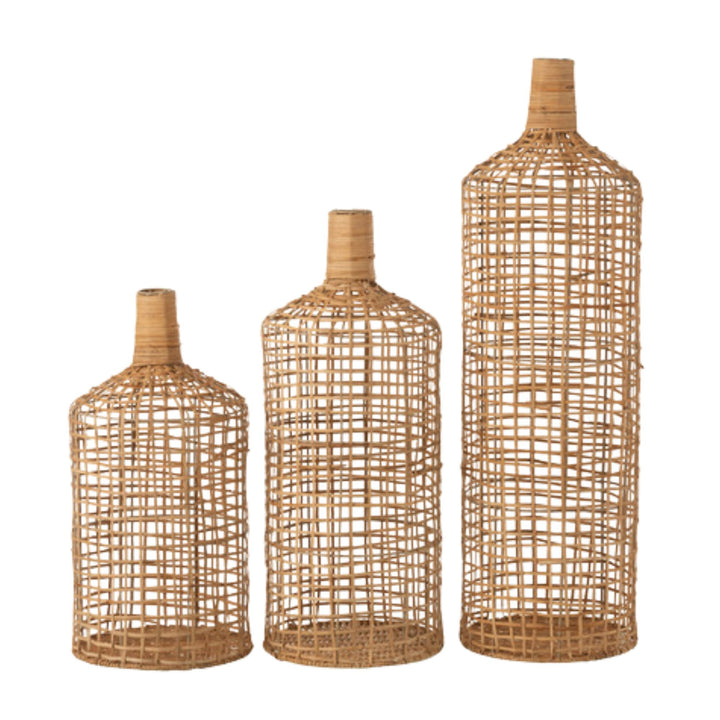Natural rattan bottle trio with handwoven openwork design