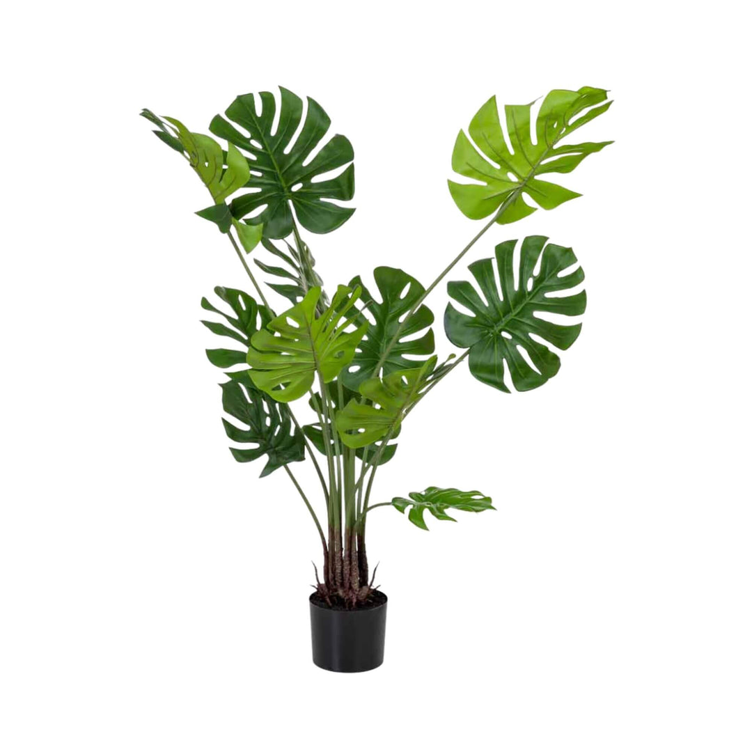 Full front view of the Deco Synthetic Plant Monstera with layered split leaves and black pot.