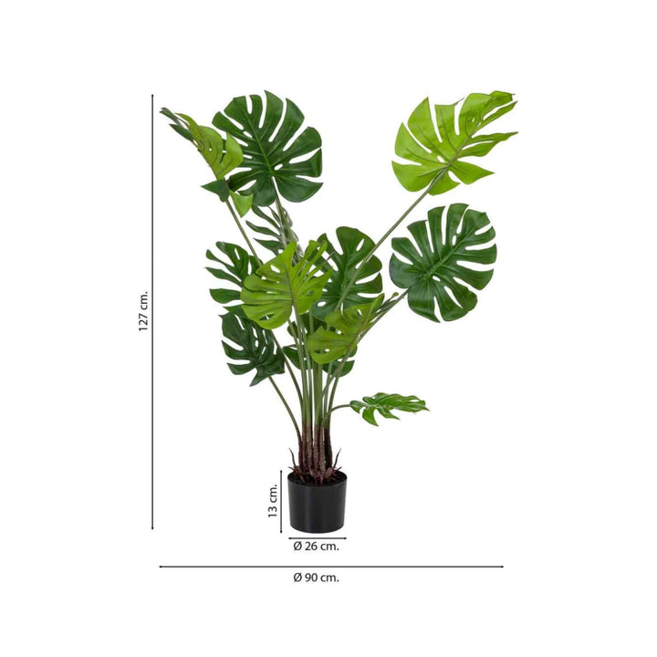 Deco Synthetic Plant Monstera shown with size reference, highlighting its 127 cm height and wide leaf spread.