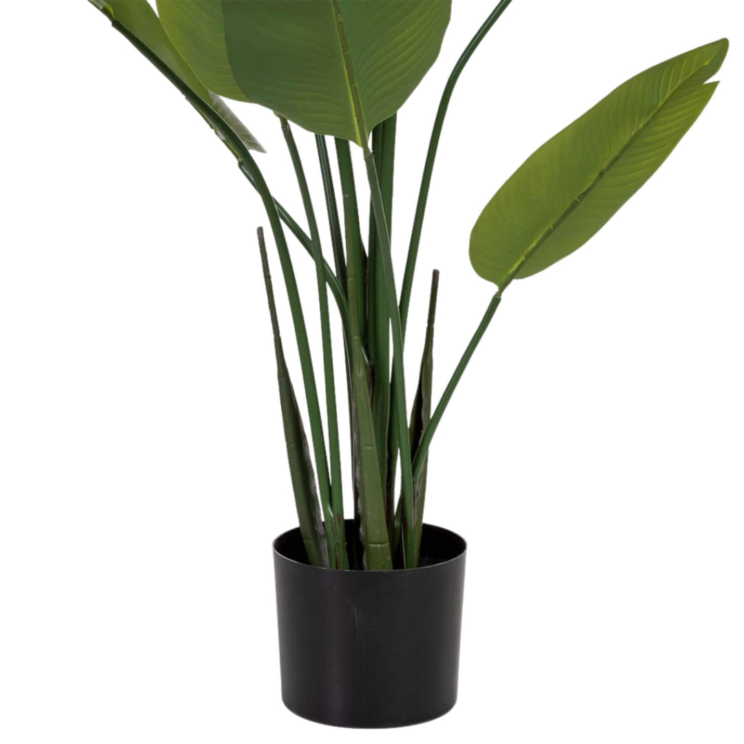 Synthetic Strelitzia plant with tall green leaves in black pot