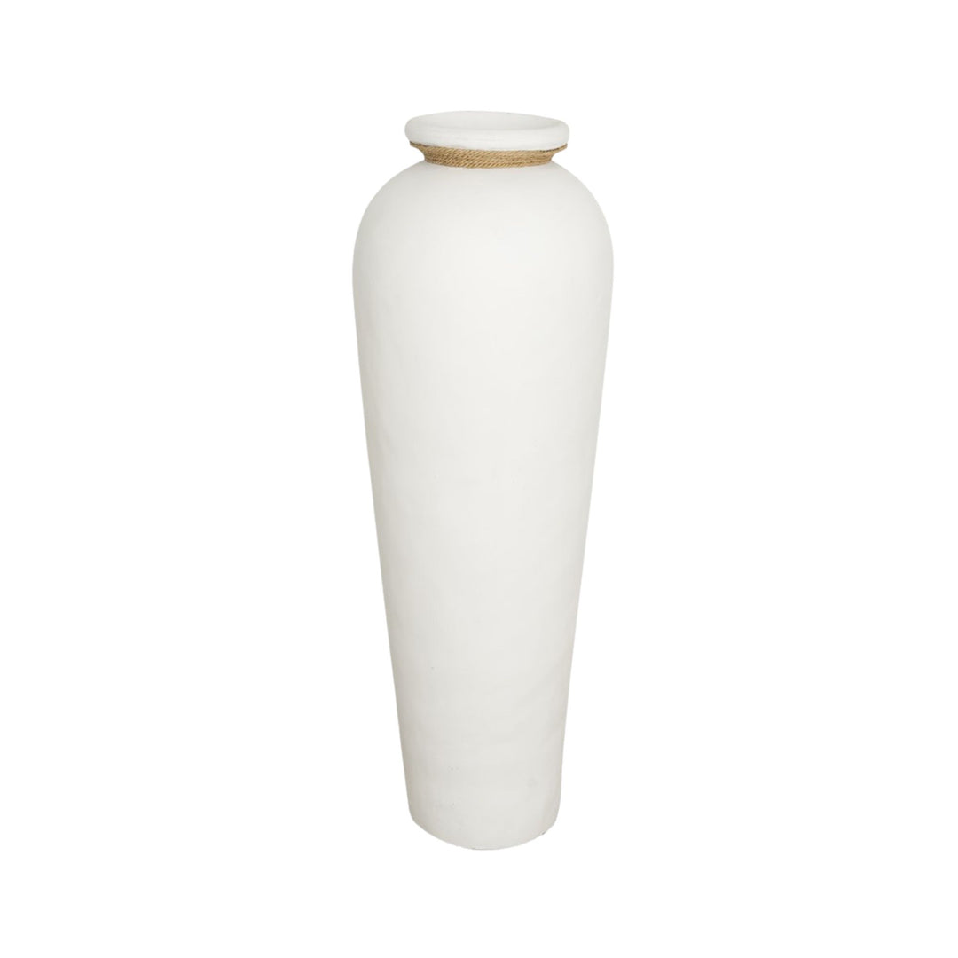 Front view of the Deia white terracotta vase highlighting its tall silhouette and jute neck detail.