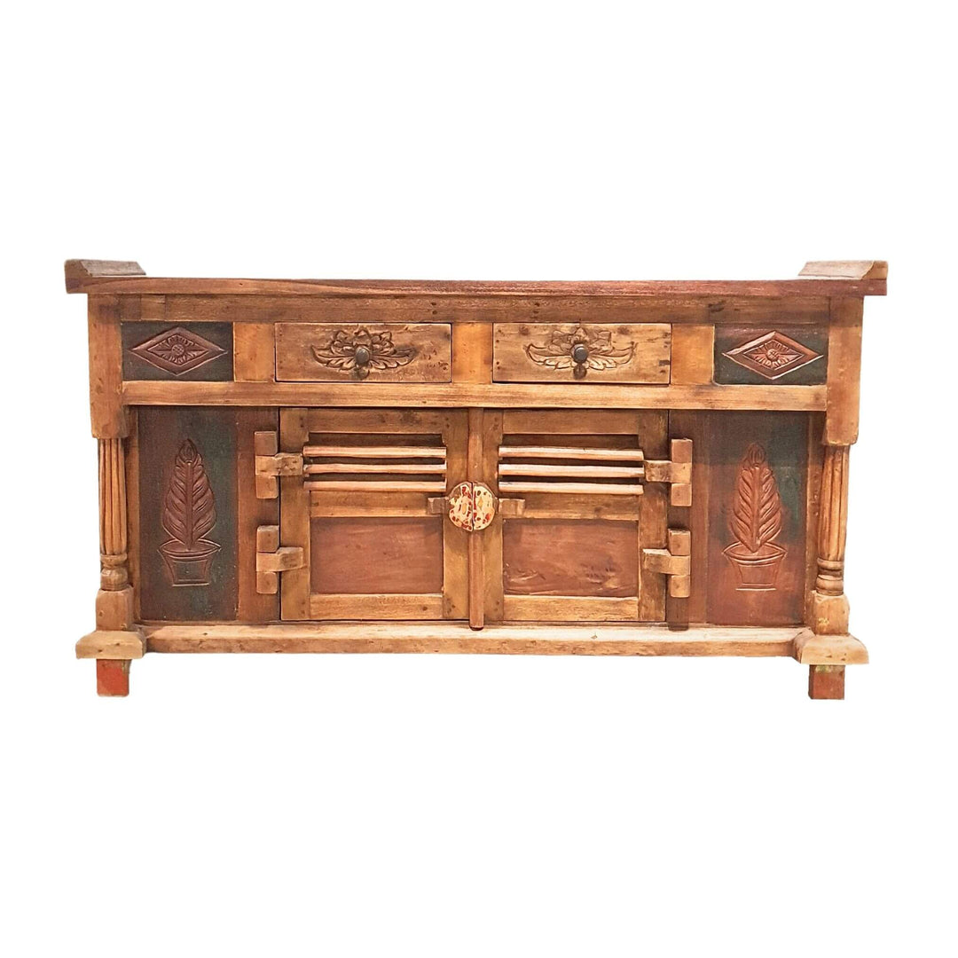 Deirdre carved teak buffet with colorful decorative panels and drawers