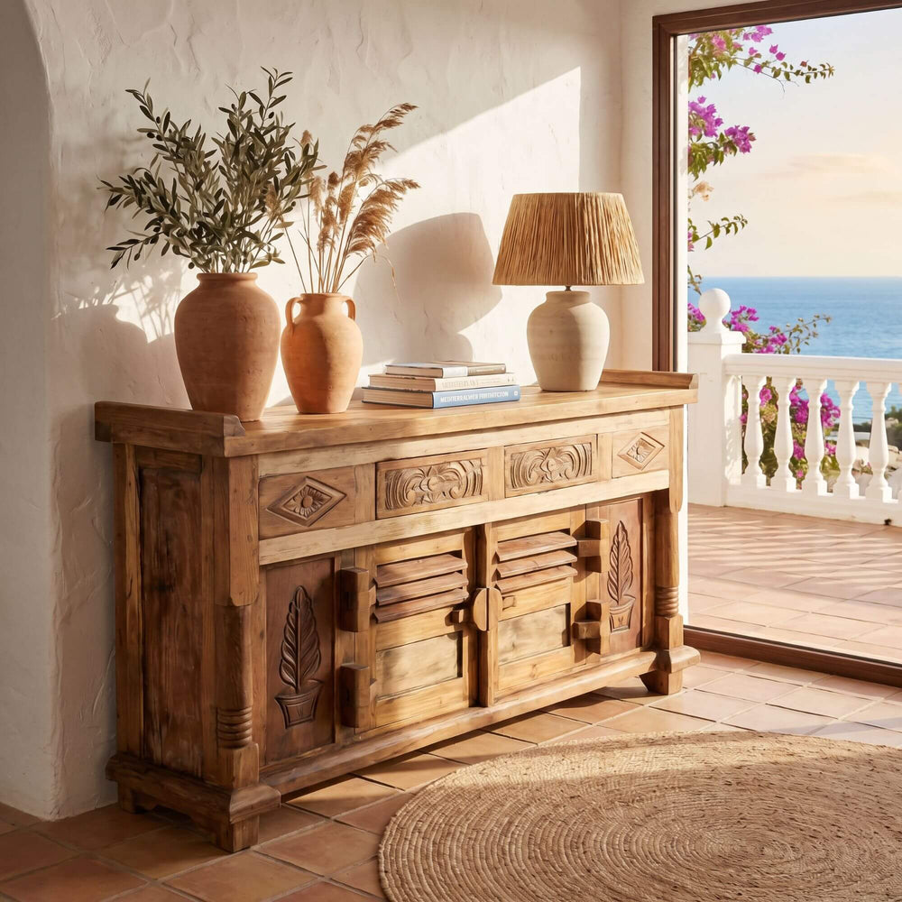 Styled interior setting featuring the Deirdre buffet in a warm Mediterranean-inspired space.