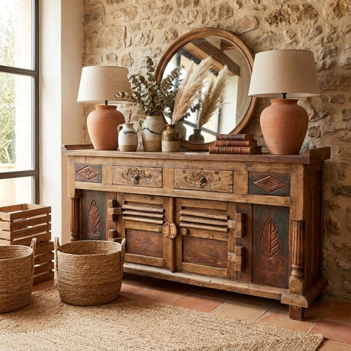 Deirdre carved teak wood buffet with decorative items against a stone wall