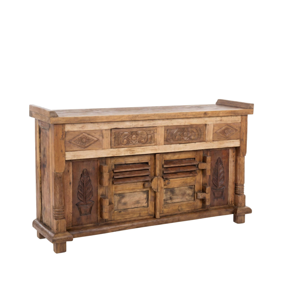 Front view of the Deirdre carved teak wood buffet showing its decorative carved panels and solid wood structure.