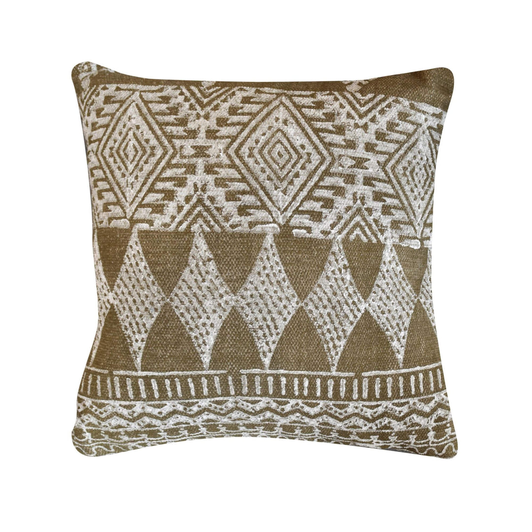 Delhi cotton cushion with geometric ethnic pattern in natural brown and white tones