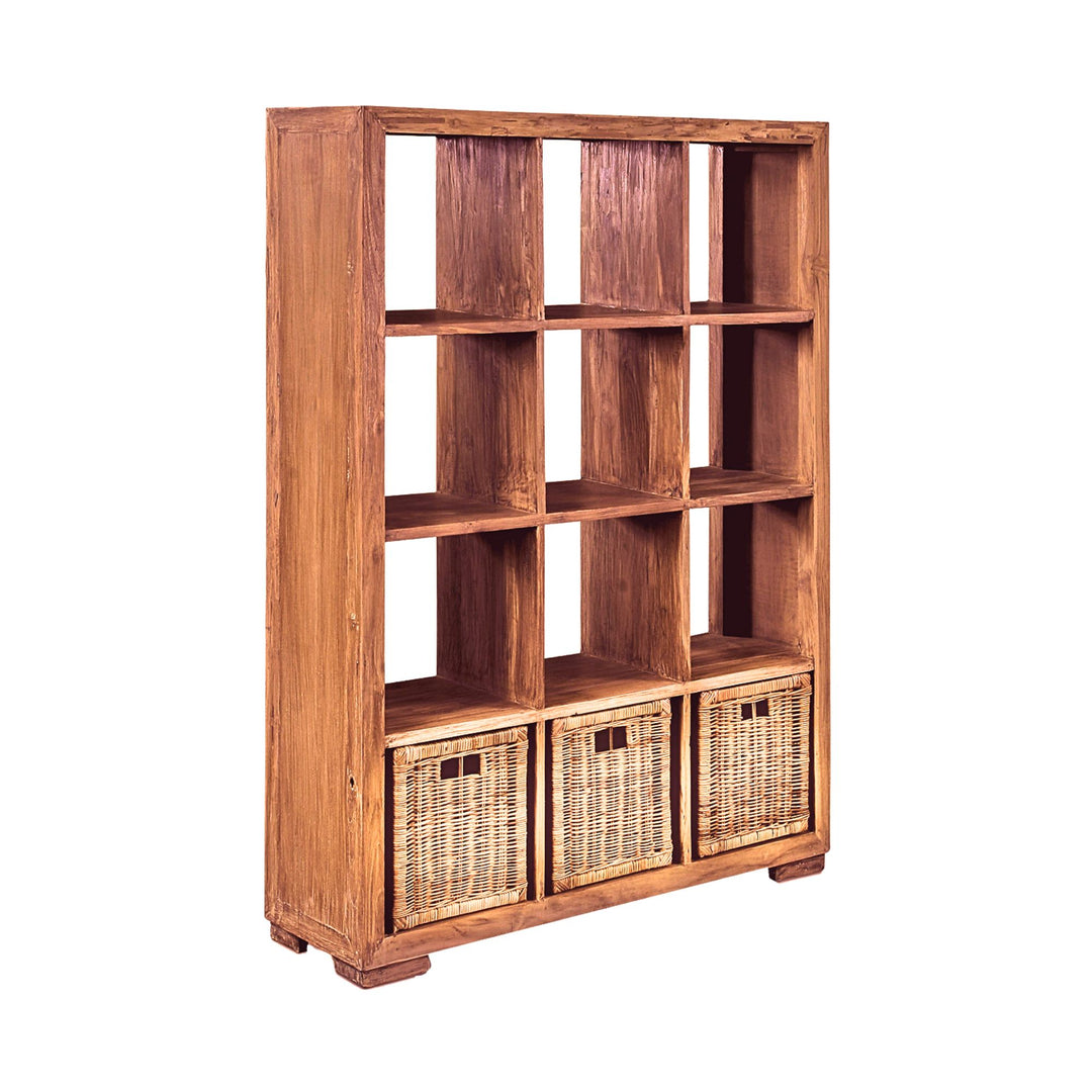 Delos Wooden bookshelf with wicker baskets on a white background