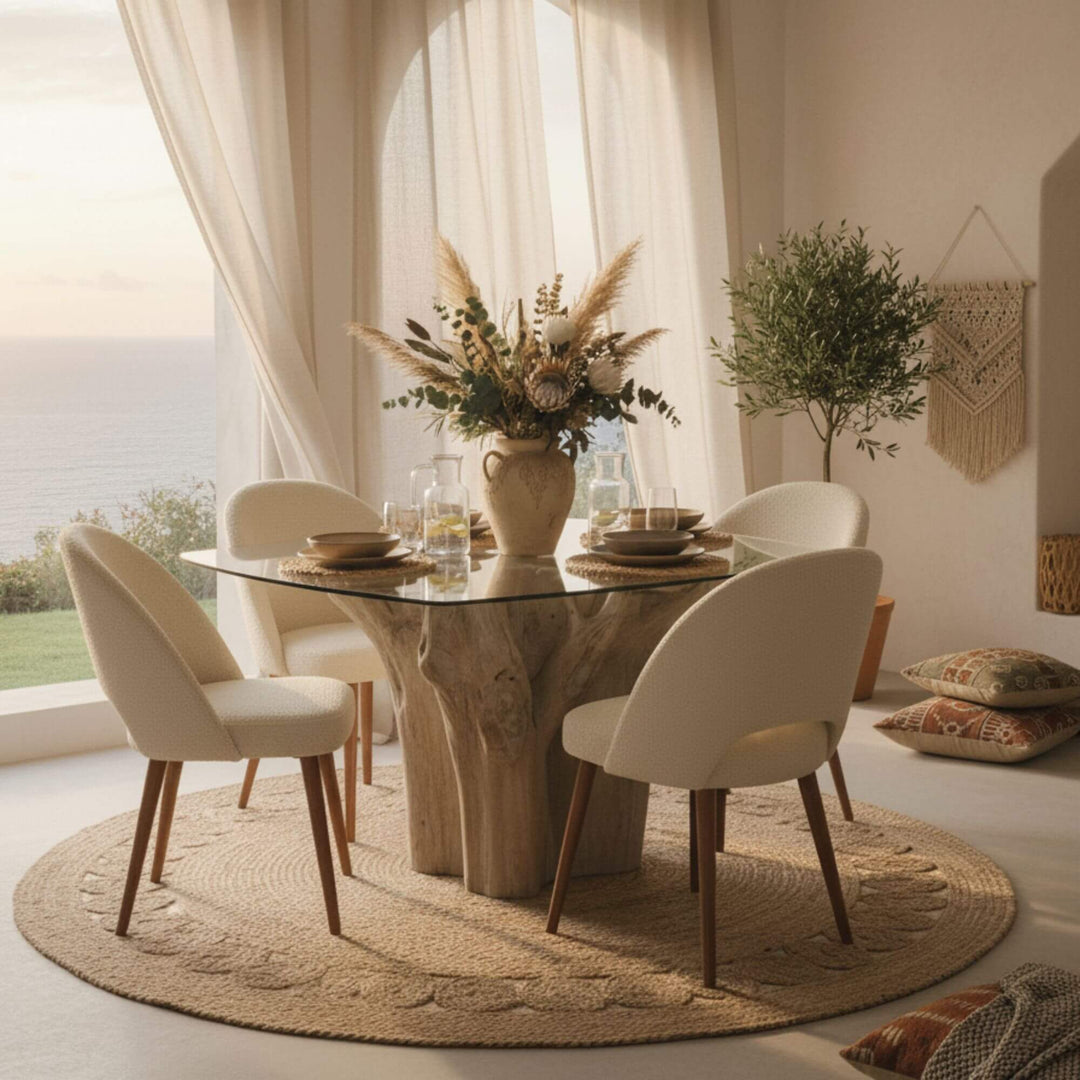 Dining room setting featuring the Denpasar table with glass top and teak root pedestal.