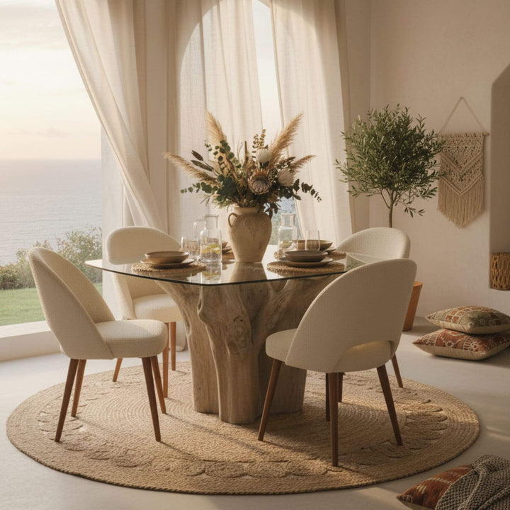 Dining room setting featuring the Denpasar table with glass top and teak root pedestal.