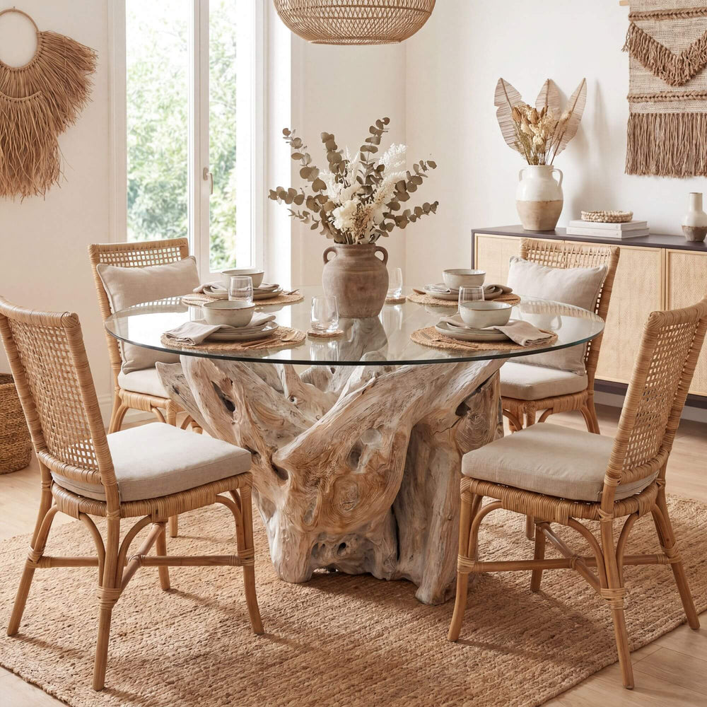 Styled dining room setting featuring the Denpasar table in a warm natural interior with woven chairs.