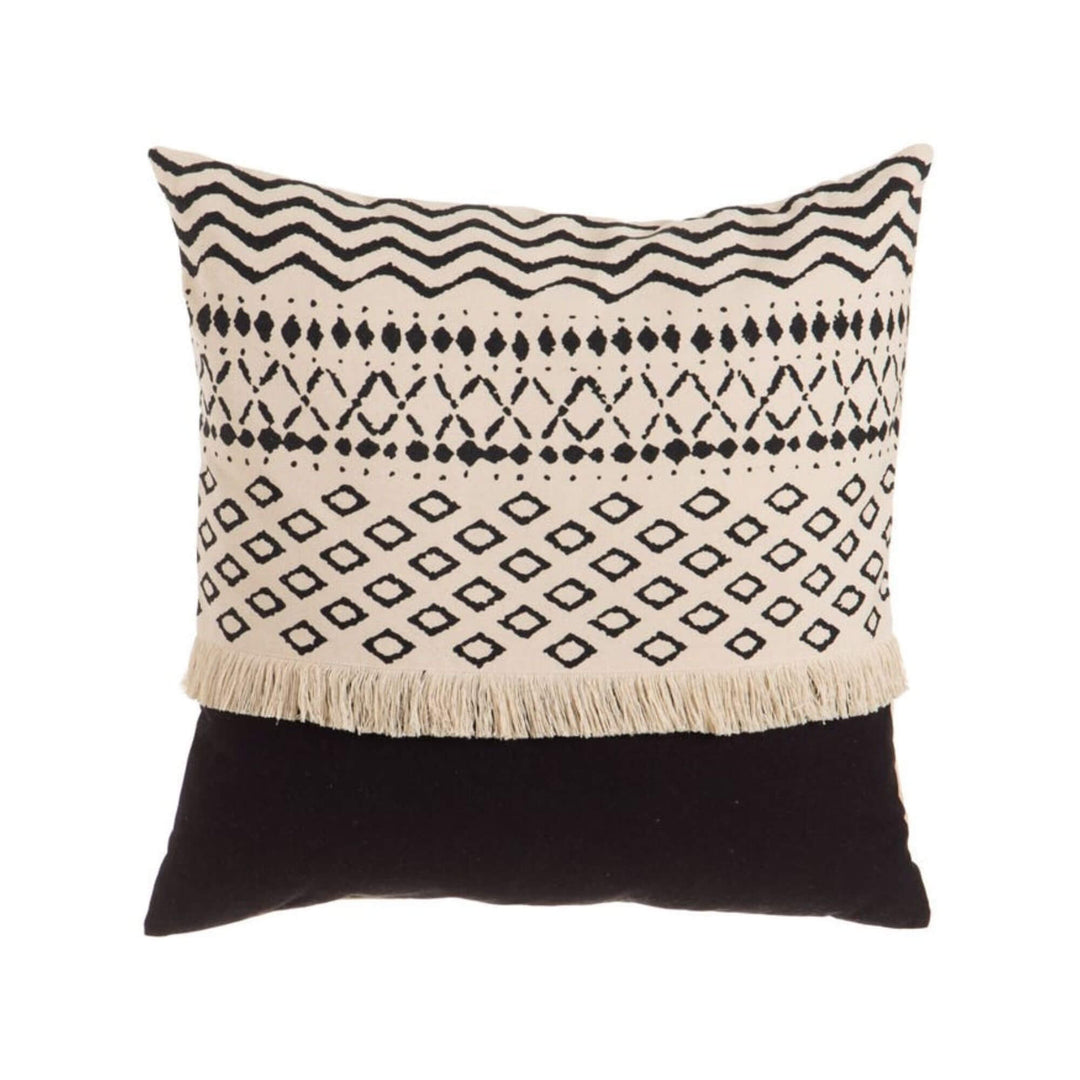 Beige and black cotton cushion with geometric pattern and fringe detailing