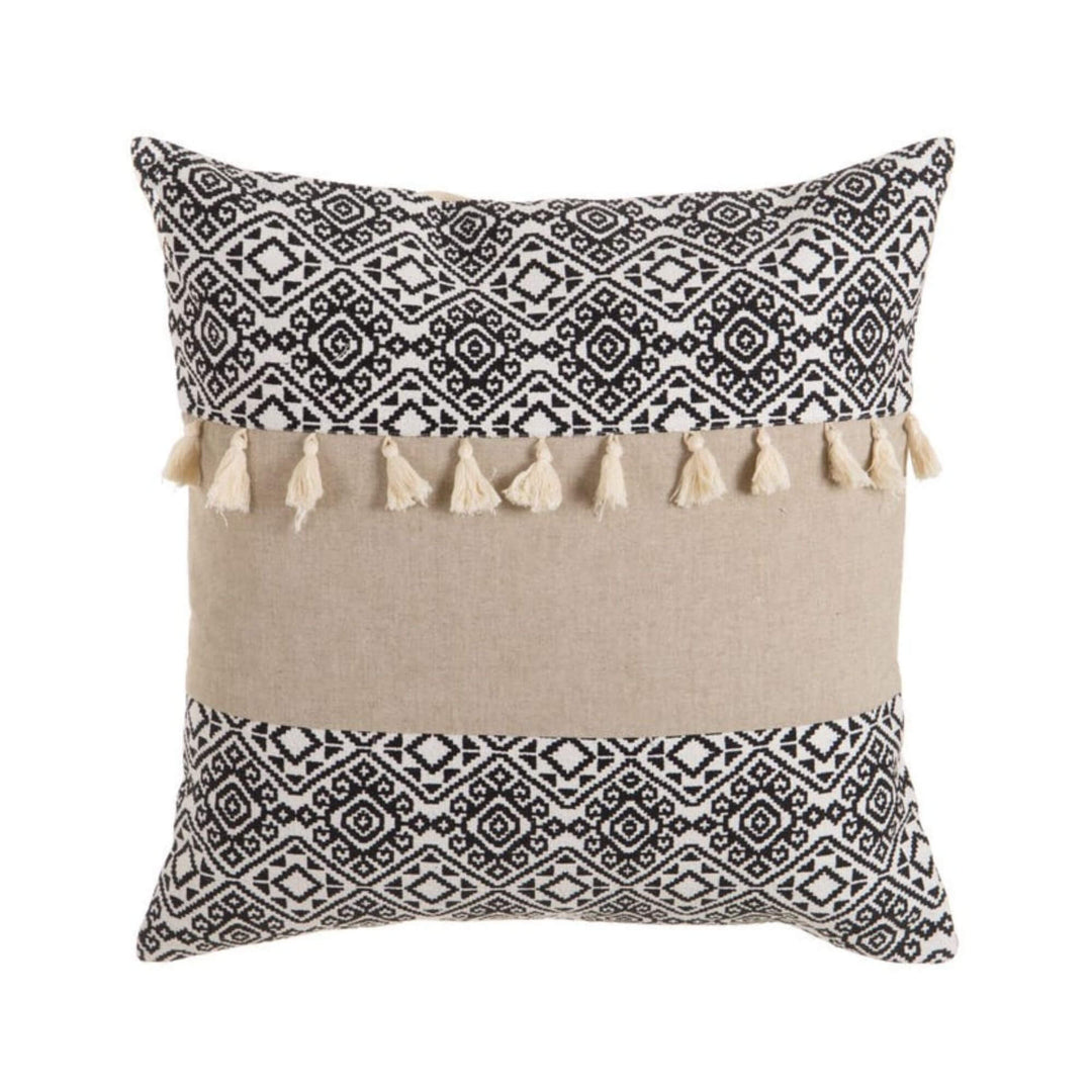 Full view of Denz cushion combining beige base with black and white patterns