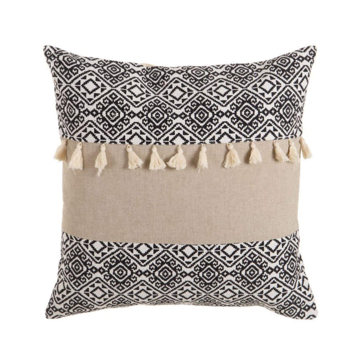 Full view of Denz cushion combining beige base with black and white patterns