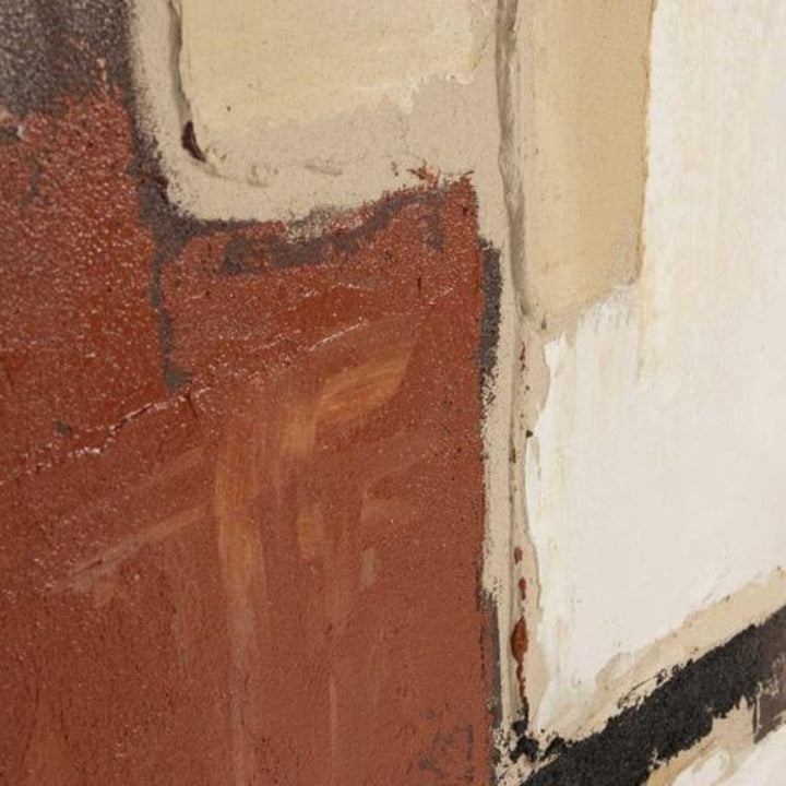 Close-up detail of the terracotta and neutral painted sections with textured brushwork.