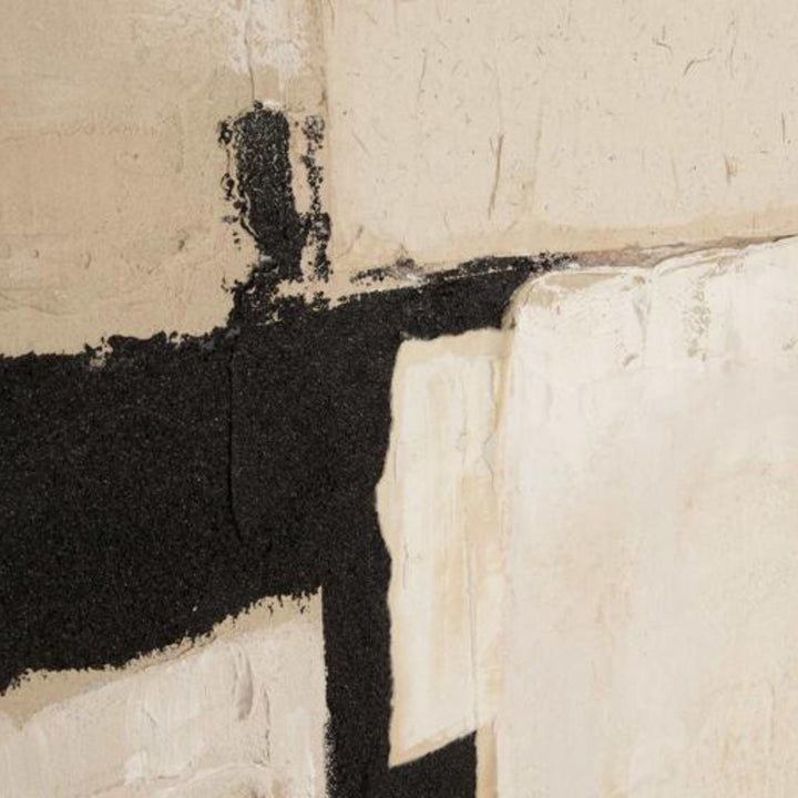 Close-up detail of the black and neutral painted texture in the abstract composition.