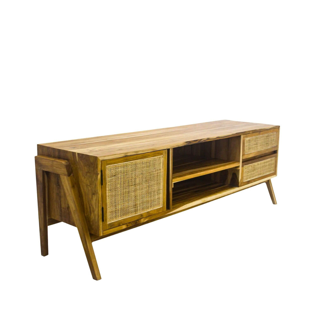 Angled view of Desiderium TV console with open shelving and side storage compartments