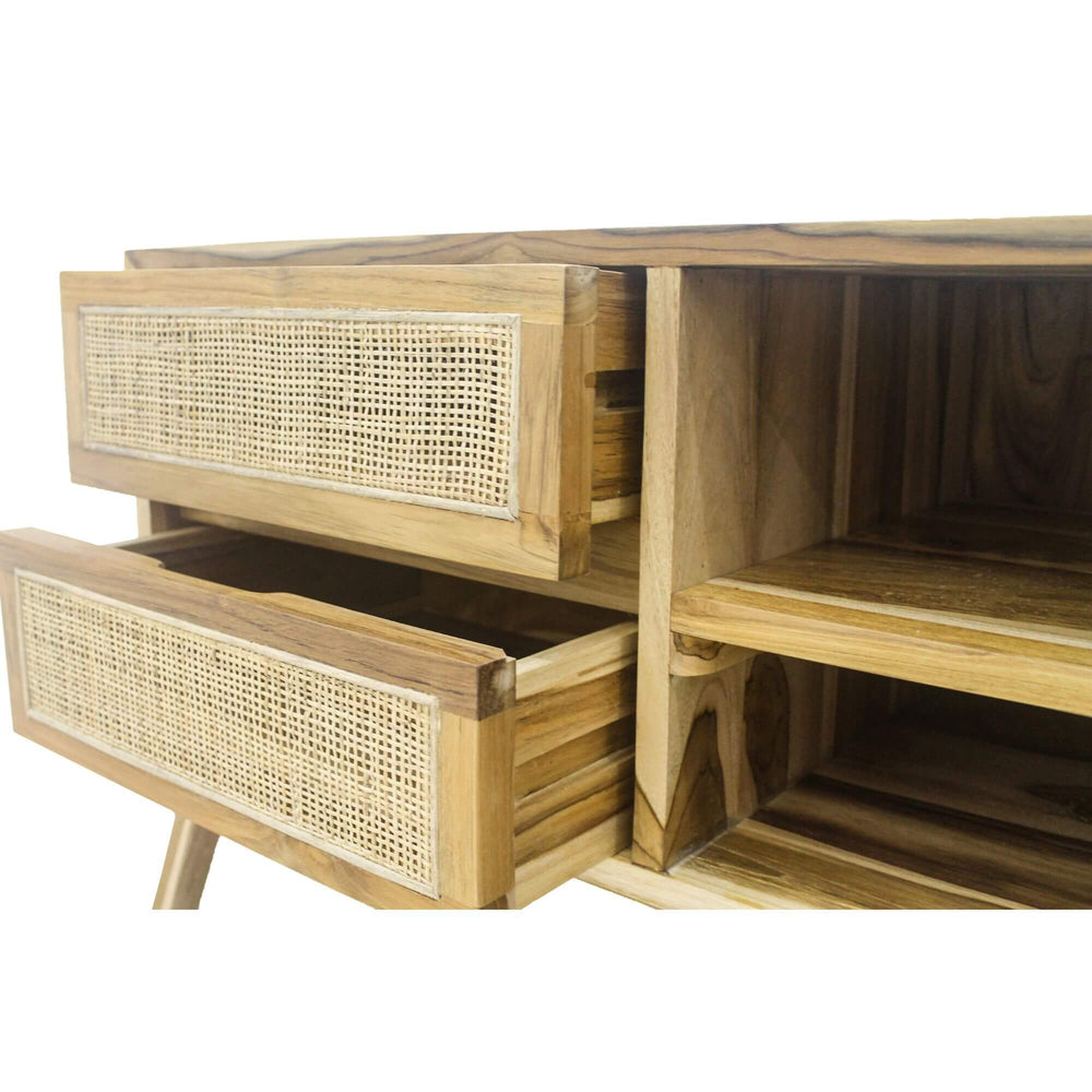 Close-up of rattan drawer fronts and solid teak wood structure