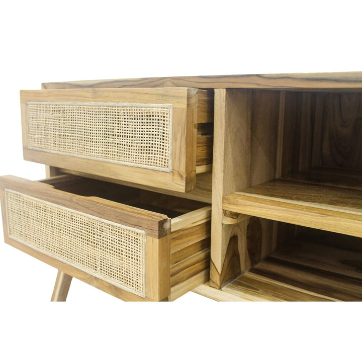 Close-up of rattan drawer fronts and solid teak wood structure