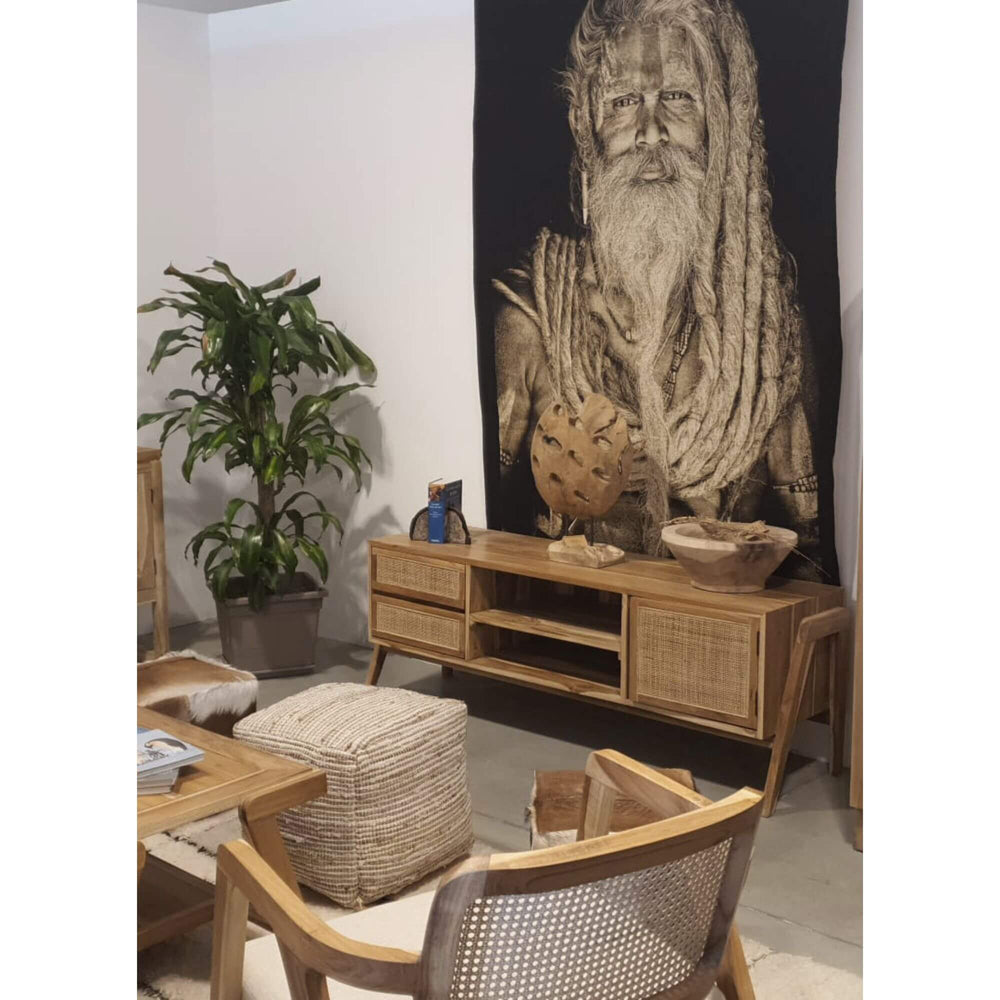 Styled living room scene featuring the Desiderium teak wood and rattan TV console