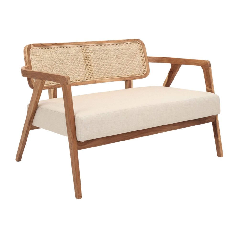 Angled view of Desiderium teak wood sofa on white background