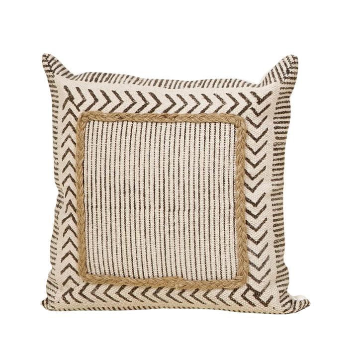 Dhara cotton cushion front view with striped center panel and chevron border in natural tones