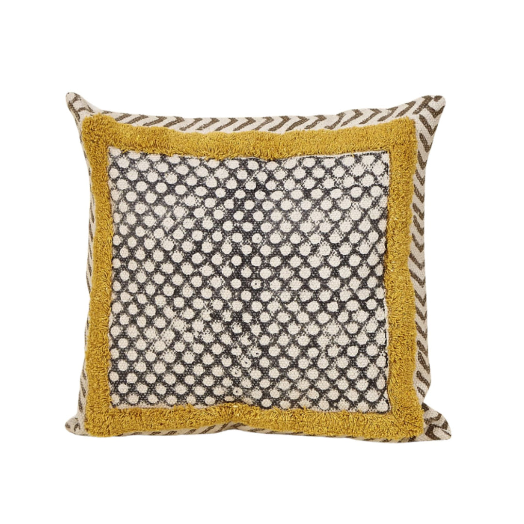 Dhara cotton cushion set featuring natural woven patterns with jute border and mustard accent frame