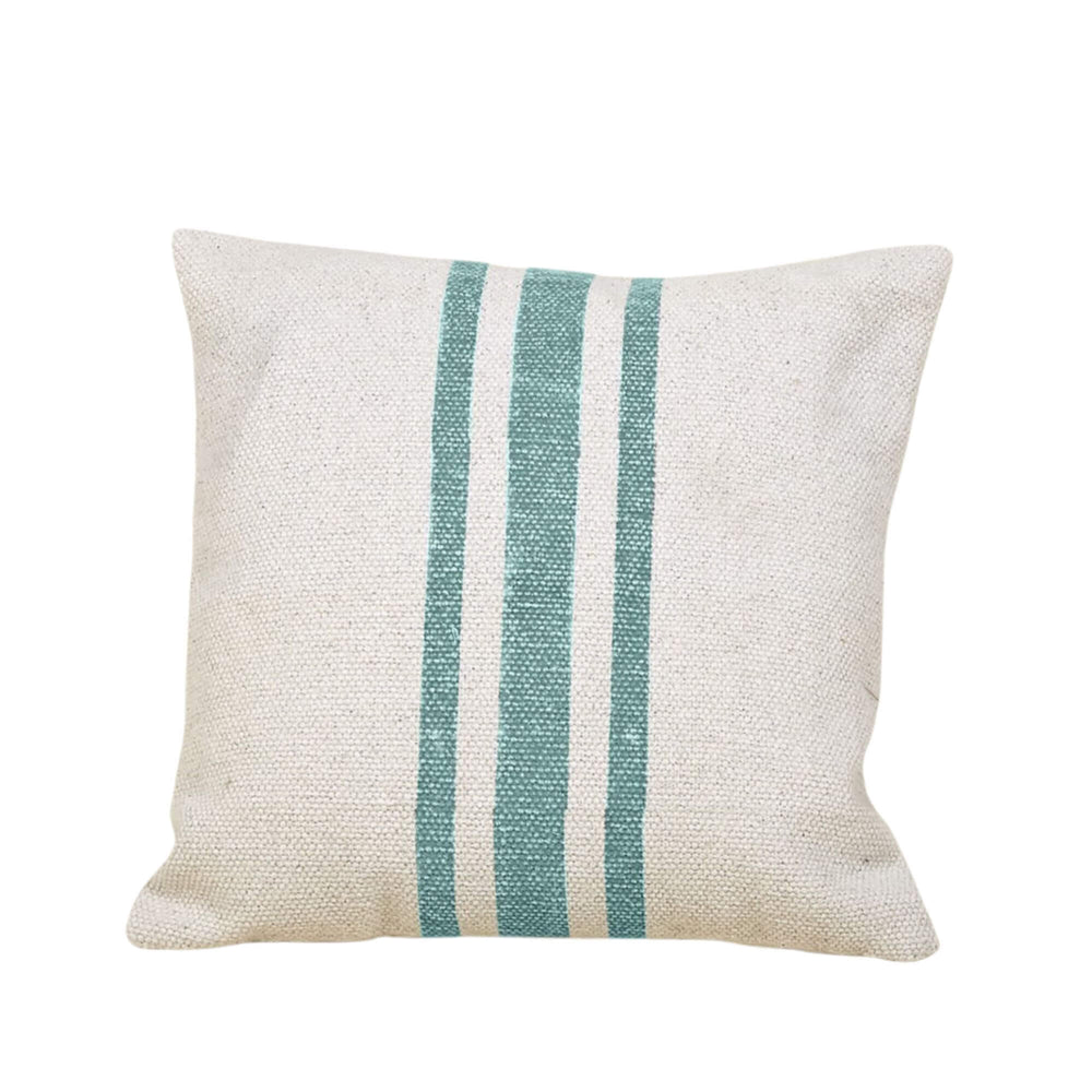 Ivory cotton cushion with turquoise stripes, square format
