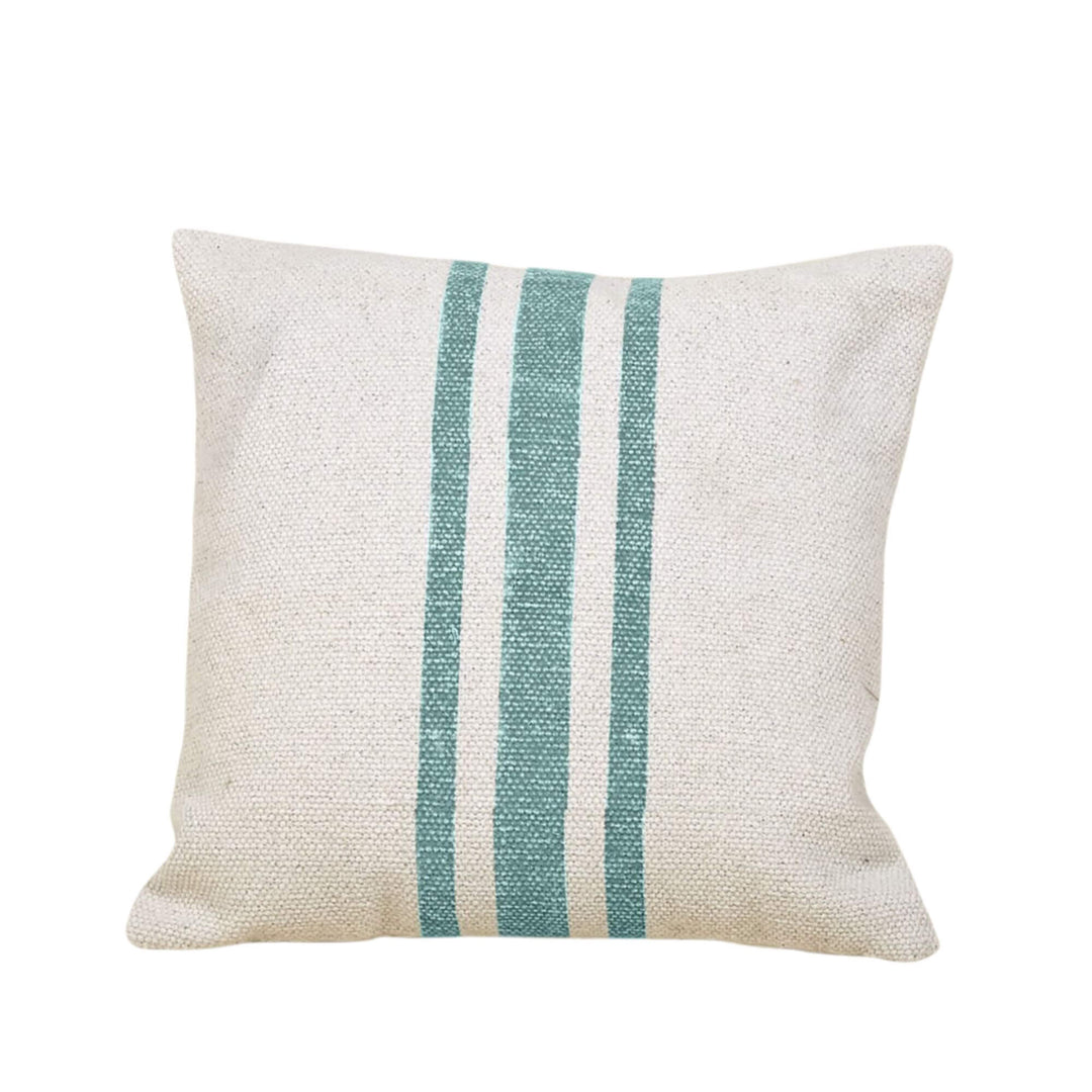 Ivory cotton cushion with turquoise stripes, square format
