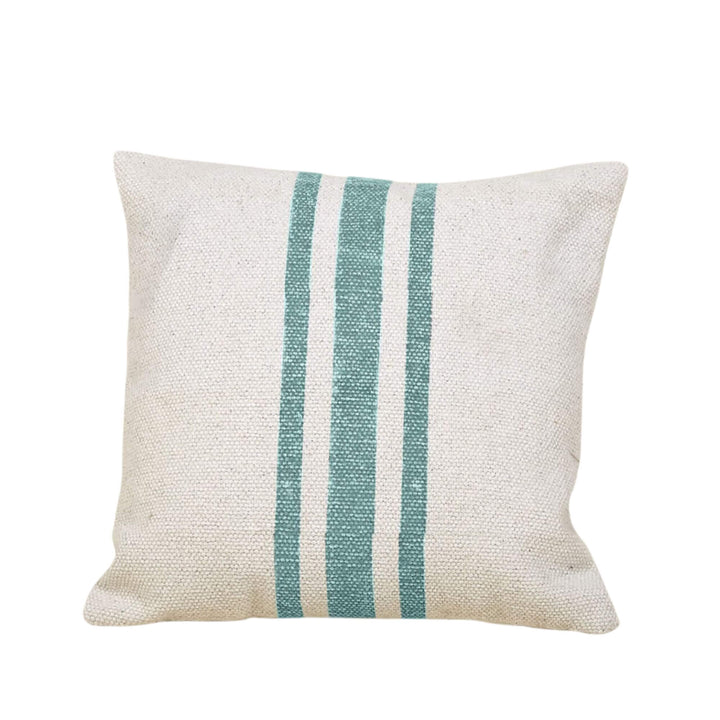 Ivory cotton cushion with turquoise stripes, square format