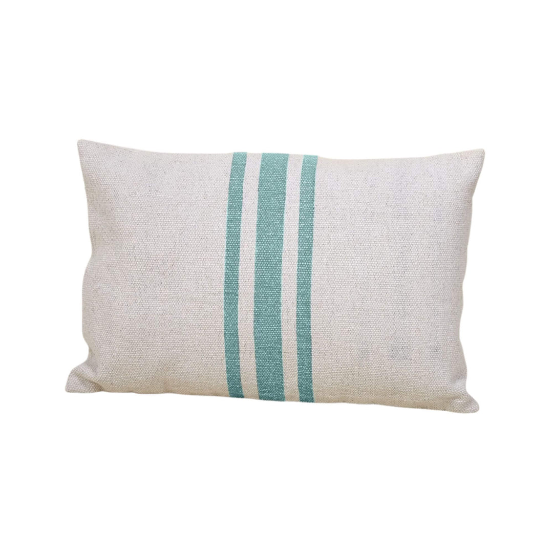 Rectangular ivory cushion with turquoise stripe detail