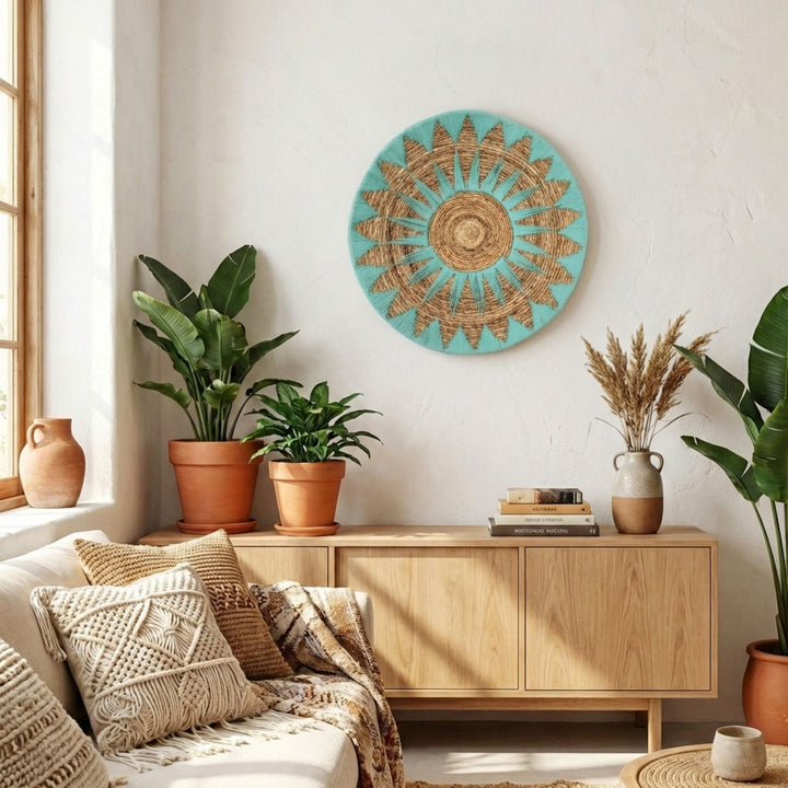 Living room with wooden cabinet, plants, and decorative Diani wall deco plate