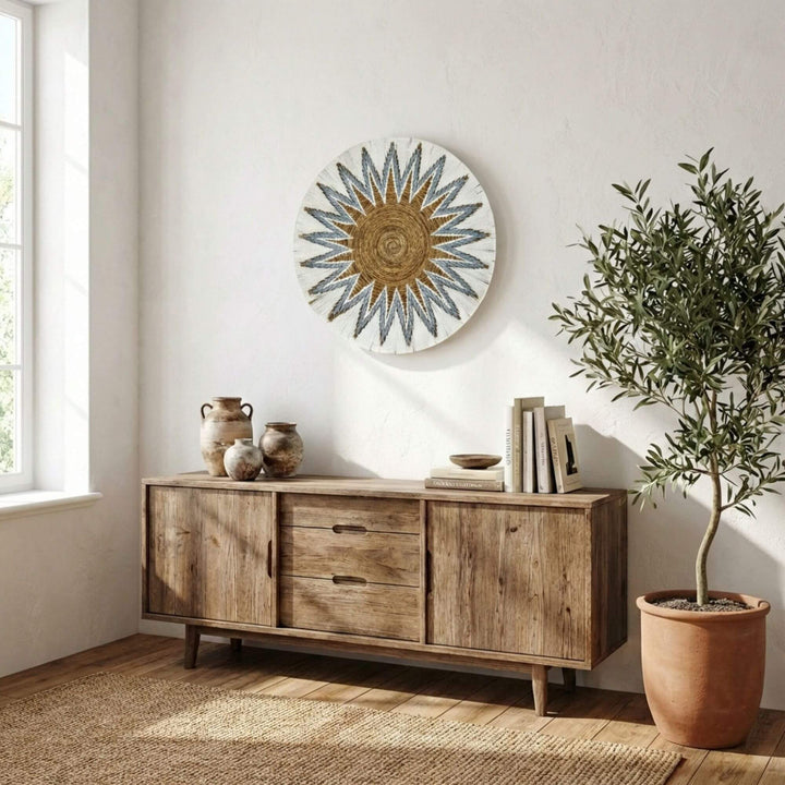 Wooden sideboard with decorative items in a room with a Diani wall art deco plate and a plant.