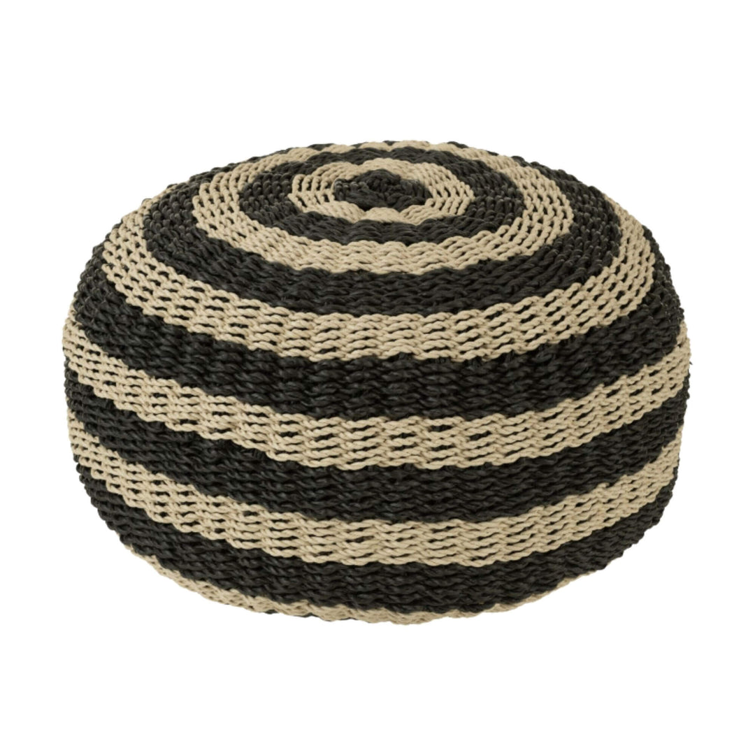 Diani Round Pouf handwoven from raffia in black and beige stripes.