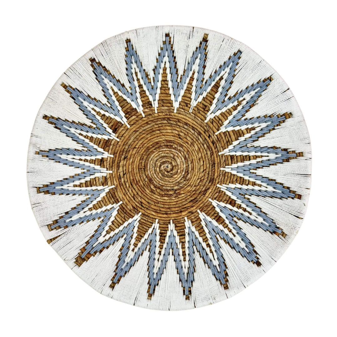 Diani Wall Deco Plate in white and blue with starburst design made of banana fiber and cotton