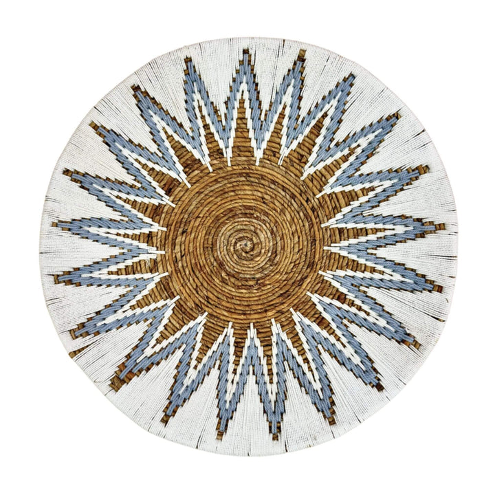Diani Wall Deco Plate in white and blue with starburst design made of banana fiber and cotton