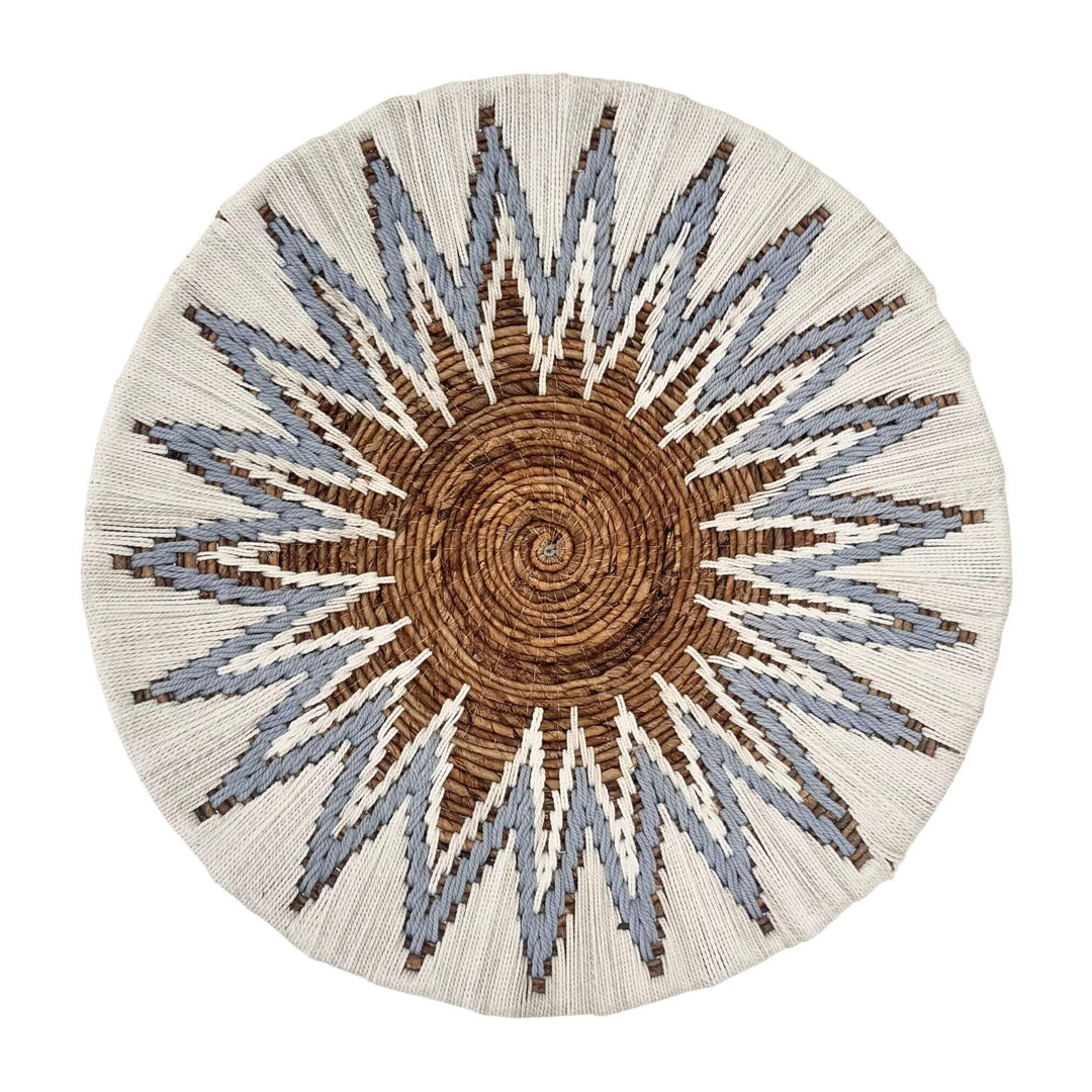Diani Wall Deco Plate in white and blue with starburst design made of banana fiber and cotton