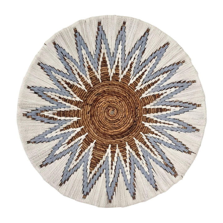 Diani Wall Deco Plate in white and blue with starburst design made of banana fiber and cotton