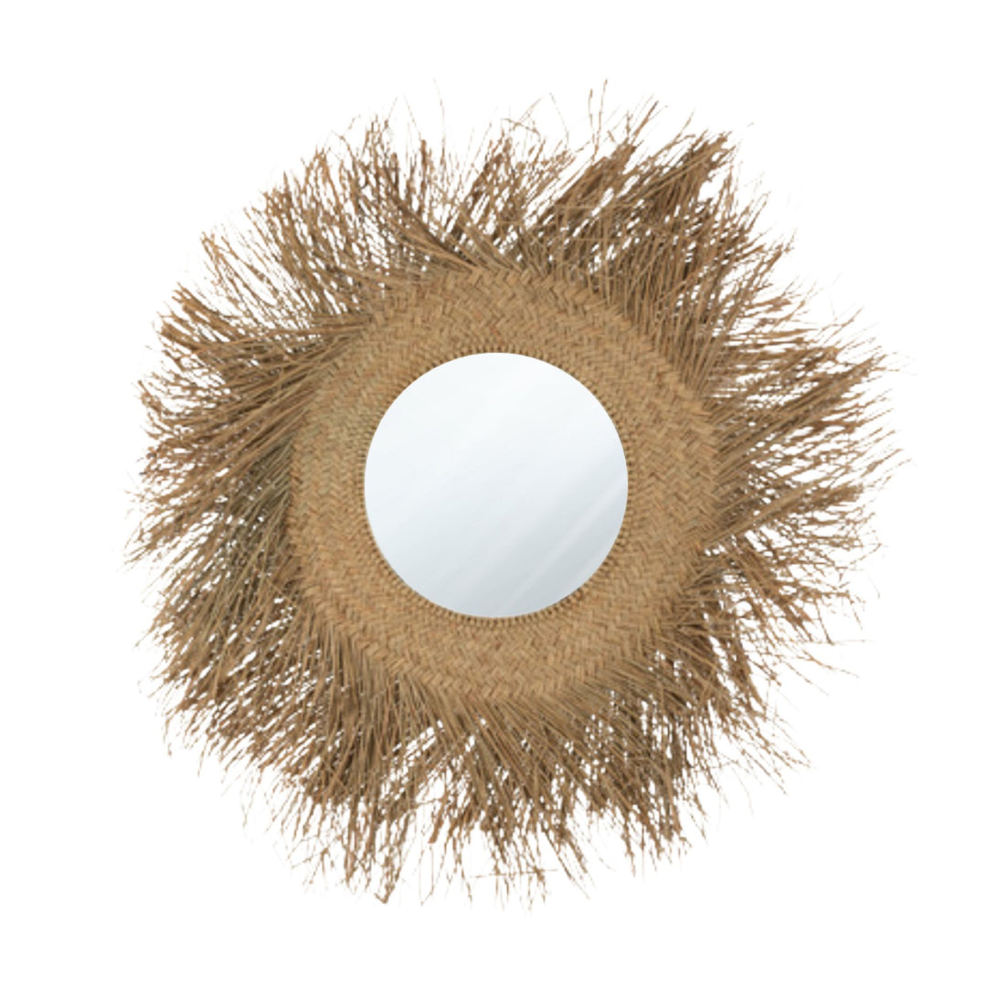 Dian Mirror with natural seagrass frame and round glass center.