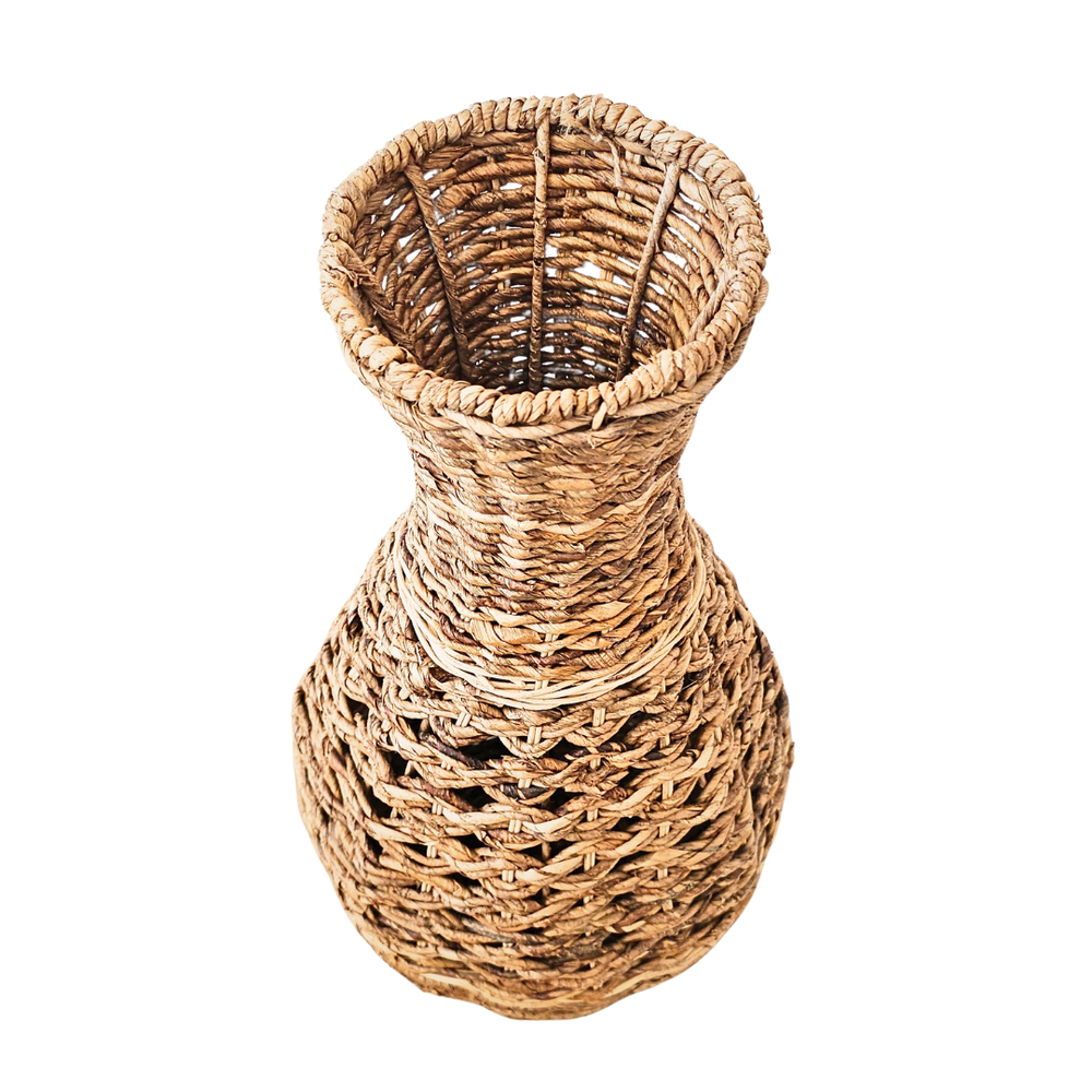 Top view of handwoven Digue basket made from rattan and banana fibers
