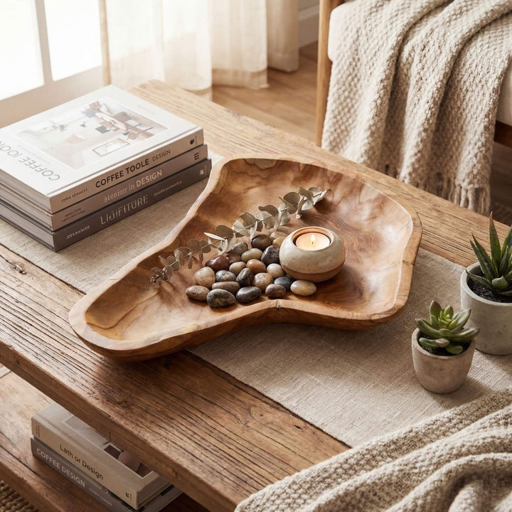 Styled table setting featuring the Digul teak plate used as a decorative centerpiece.