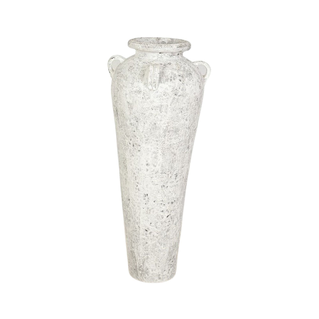 Front view of the Dinagat terracotta vase with whitewashed finish and amphora shape.
