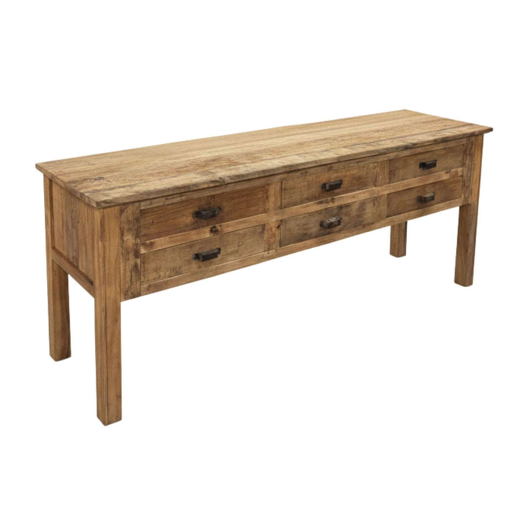 Side angle of the rustic reclaimed wood Dinka Console Table.